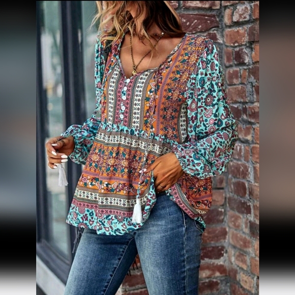 Floral Colorblock Tie Neck Puff Sleeve Peplum Top Blouse Shirt - Picture 3 of 5